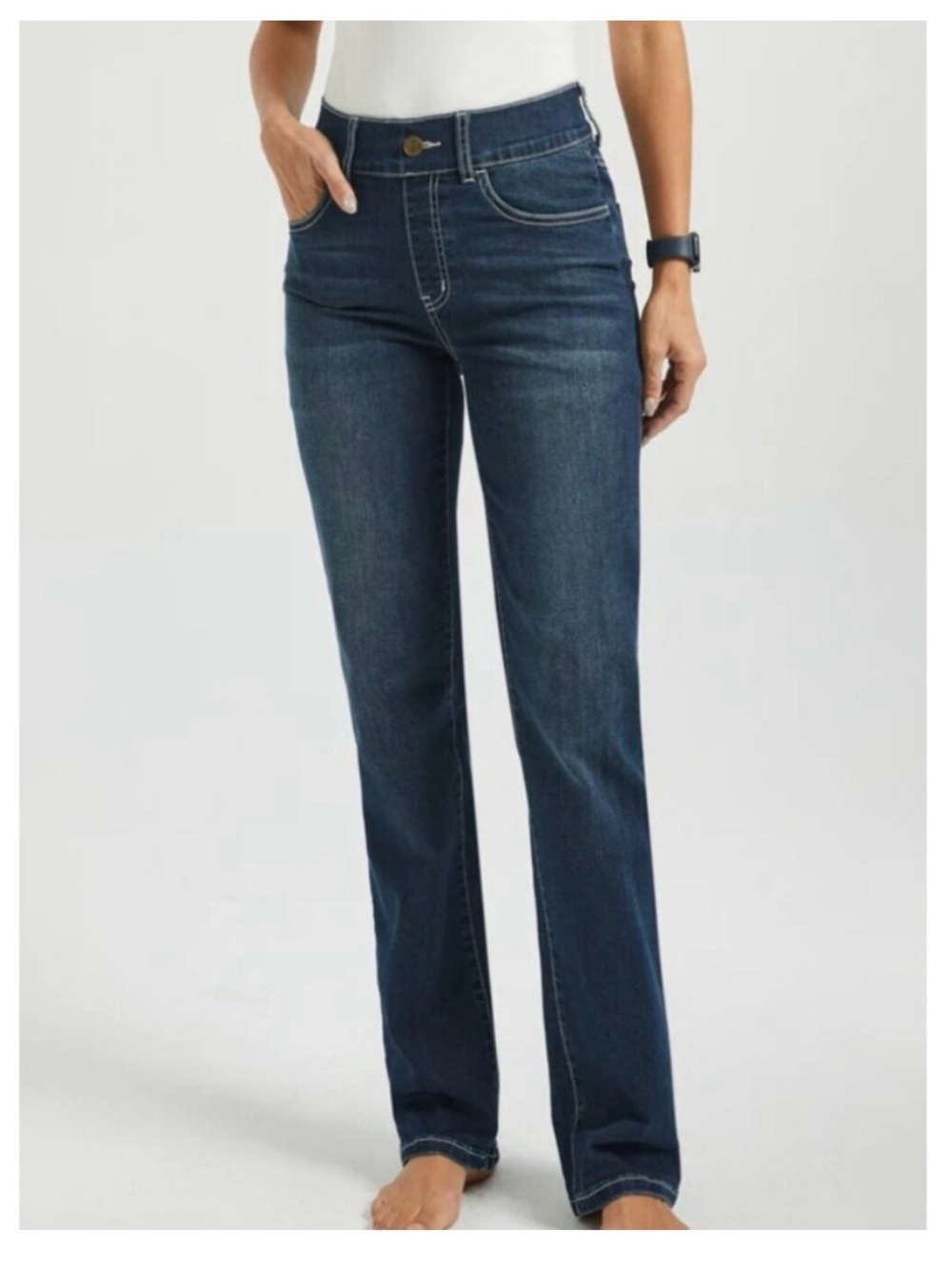 BETABRAND STRAIGHT LEG 4-POCKET YOGA PULL-ON DENIM JEANS DARK DENIM WASH NEW SzL